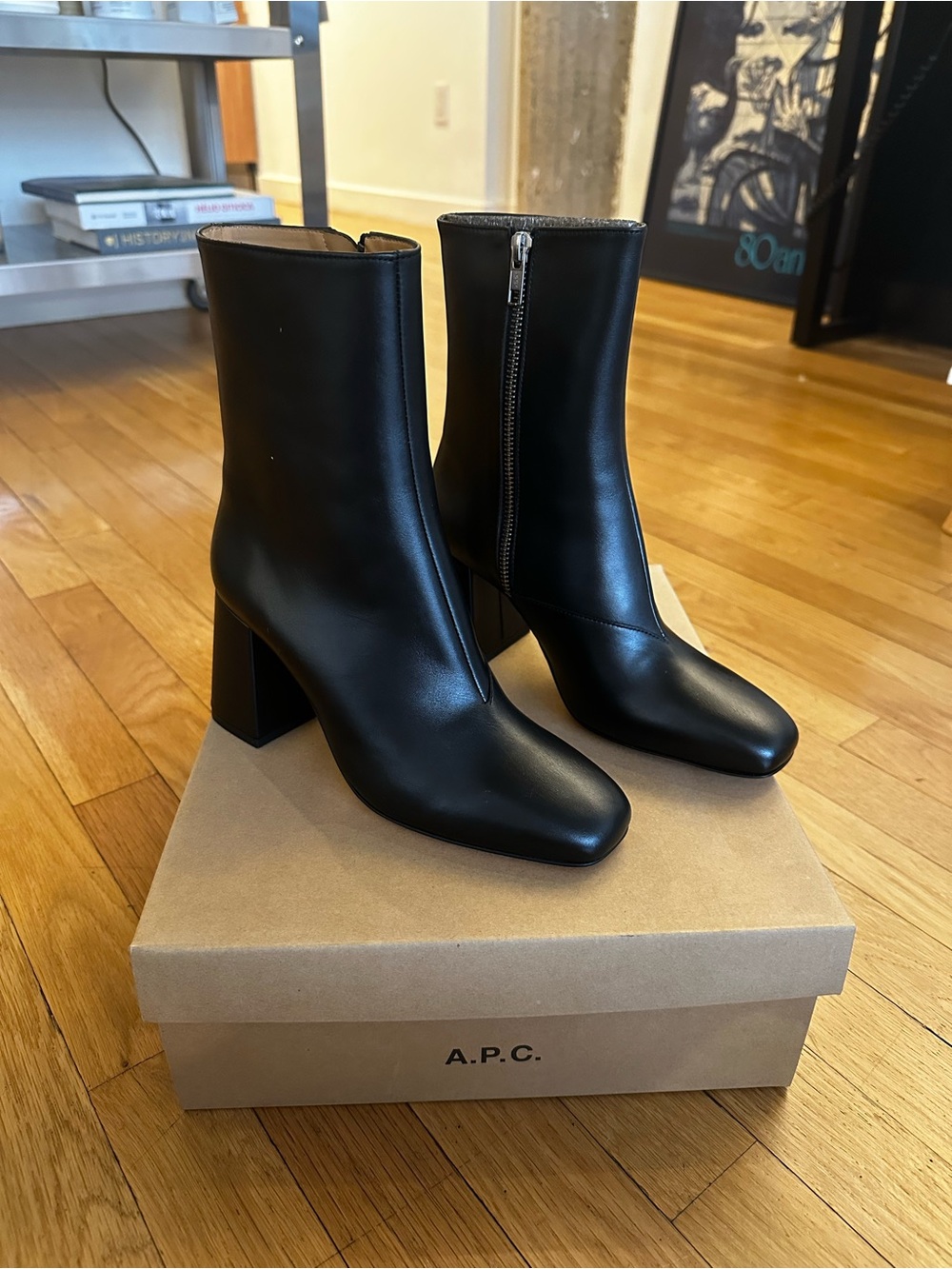A.P.C. Dorothée Ankle Boots - Black Leather Square-Toe Block Heel Ankle Boots
